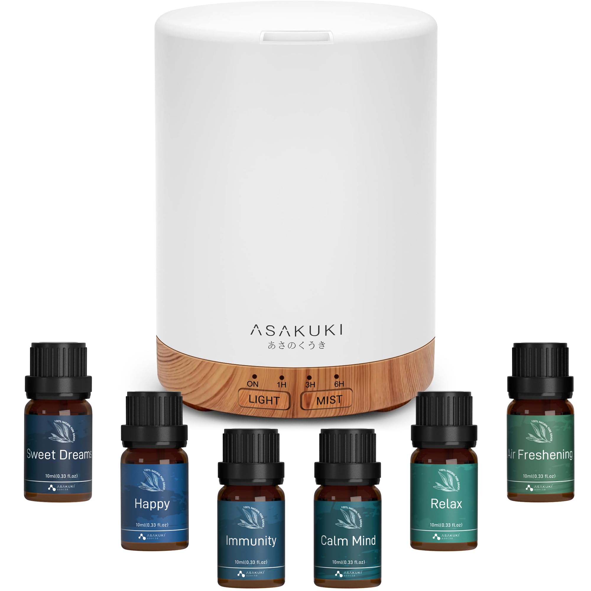 ASAKUKI Essential Oil Diffuser, Aromatherapy Cool Mist Home Humidifier with 7 LED Color Changing Light and Auto-Off Safety Switch, 6 Essential Oils Set, 300ml (Brown with Oils)