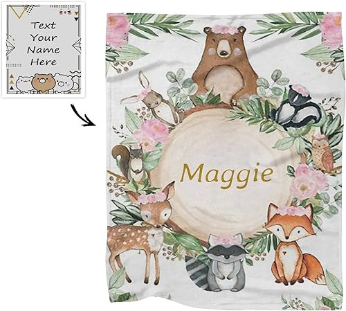 Miniatura 2 de Manta de bebé personalizada con diseño floral rosa de animales del bosque con nombre para niñas y niños, mantas personalizadas para guardería,