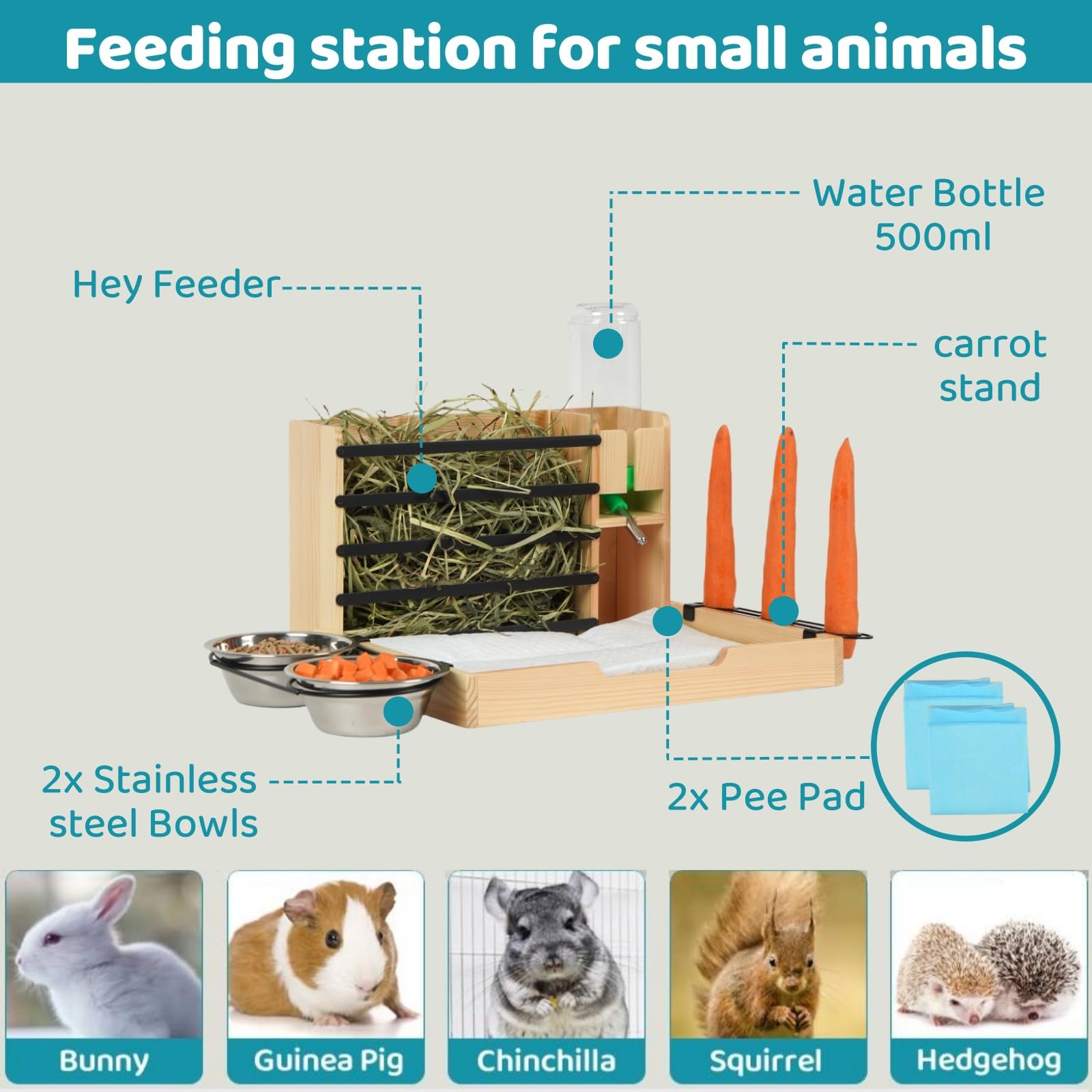Grand râtelier à foin en bois pour lapin, mangeoire avec gourde, 2 gamelles, support pour carotte et distributeur automatique de nourriture pour lapins nains, cochons d'Inde, hamsters