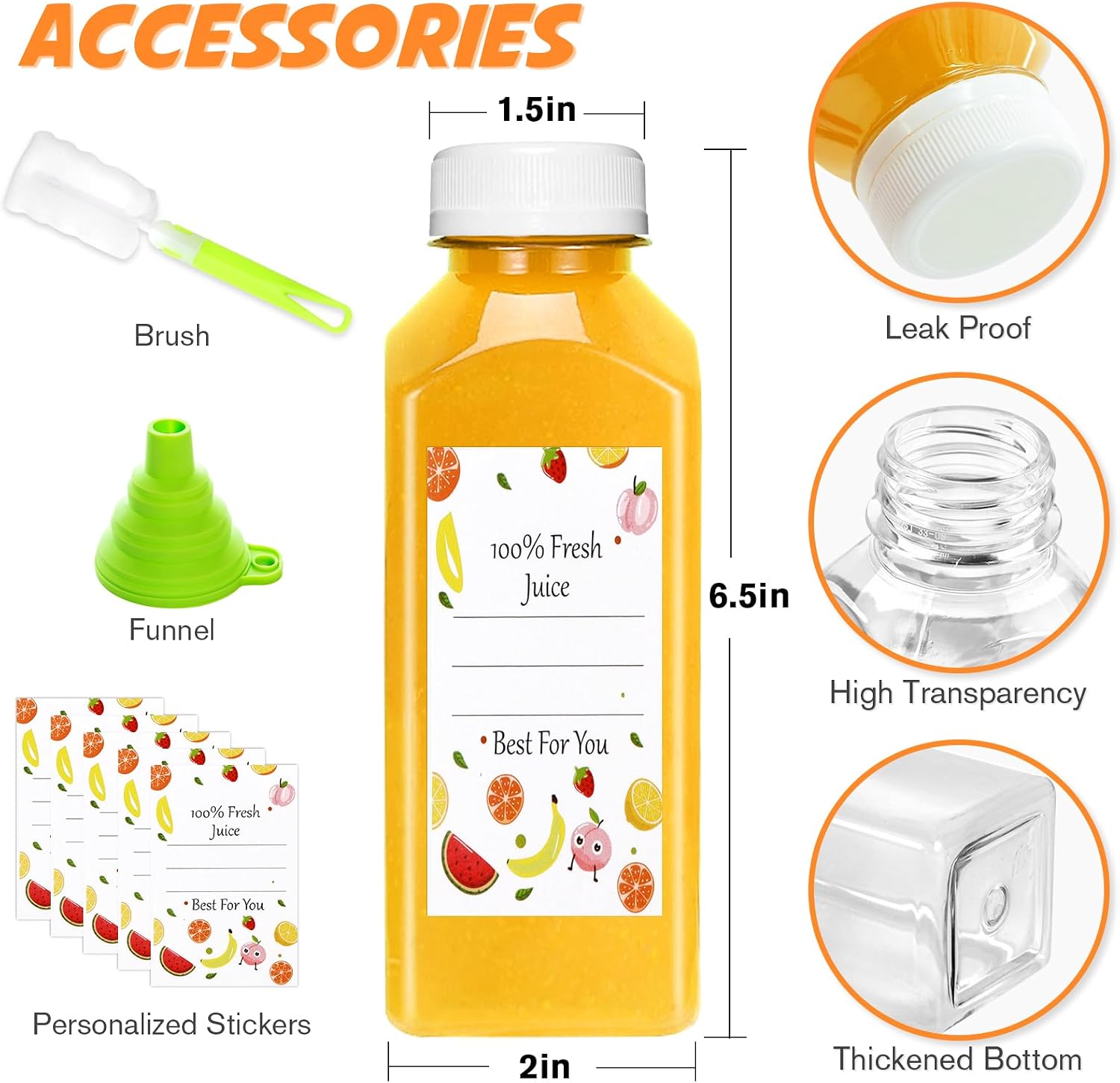 12oz Juice Bottles with Lids, 6 Pack Reusable Plastic Bottles