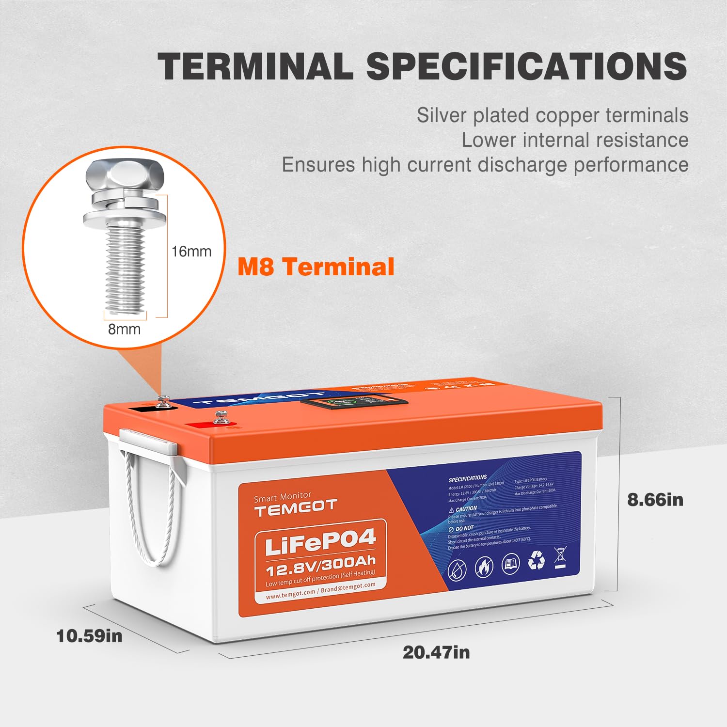 TEMGOT 12V 300Ah Self-Heating LiFePO4 Lithium Battery with Smart Touch Screen & Bluetooth App, Built-in 200A BMS, 2560W Power, 5000+ Cycles, for RV, Camper, Solar, Off-Grid