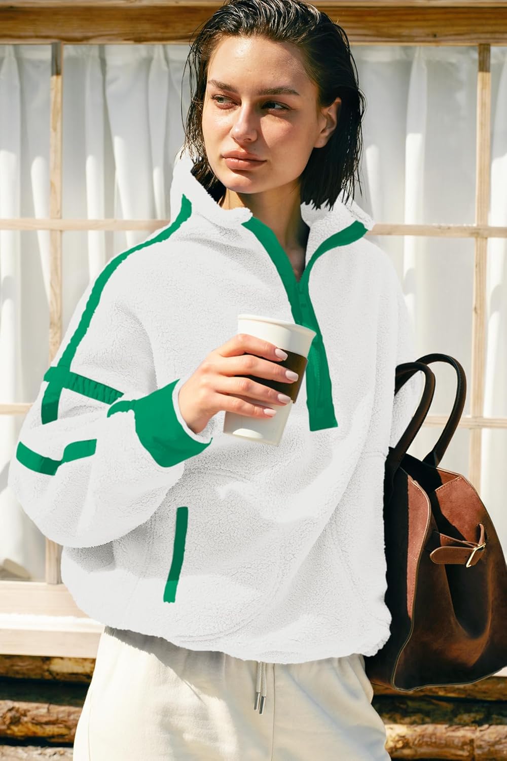 Panadila Womens Half Zip Sherpa Fleece Pullover Soft Oversized Sweatshirt with Pockets Warm Fuzzy Sweater - Image 4