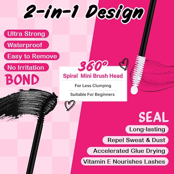 Lash Bond and Seal Cluster Lash Glue & Seal Waterproof Bond and Seal Cluster Lash Glue for DIY Eyelash Extensions Waterproof Strong Hold (5ml+5ml, Black Bond & Clear Seal)