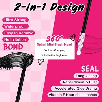 Lash Bond and Seal Cluster Lash Glue & Seal Waterproof Bond and Seal Cluster Lash Glue for DIY Eyelash Extensions Waterproof Strong Hold (5ml+5ml, Black Bond & Clear Seal)