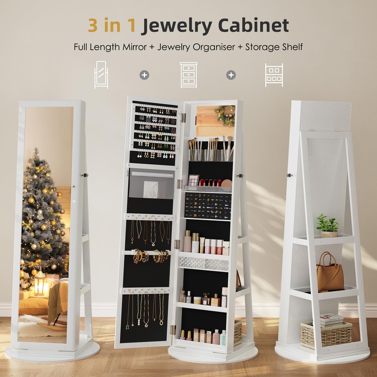 Dripex Schmuckschrank mit Spiegel, Standspiegel stehend, 3 in 1 Schmuck Organizer mit Ablagen, 360° - weiß