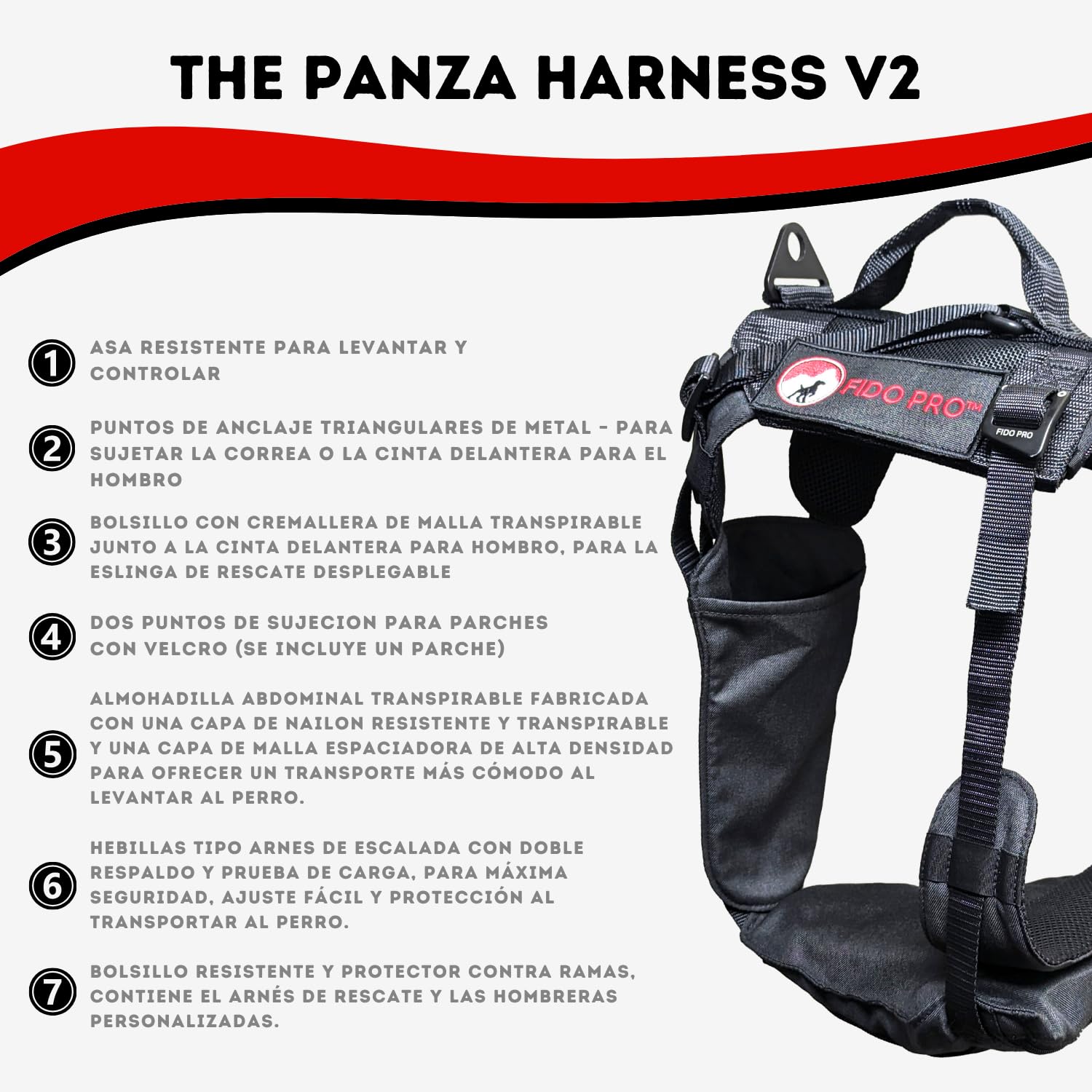 Fido Pro Arnés Panza V2 con Rescate de Emergencia Desplegable - Arnés para Perros Medianos a XL con Bolsillos, Hebillas de Escalada, Asa de Elevación y Equipo de Senderismo, 14 a 68 Kilogramos (Negro)