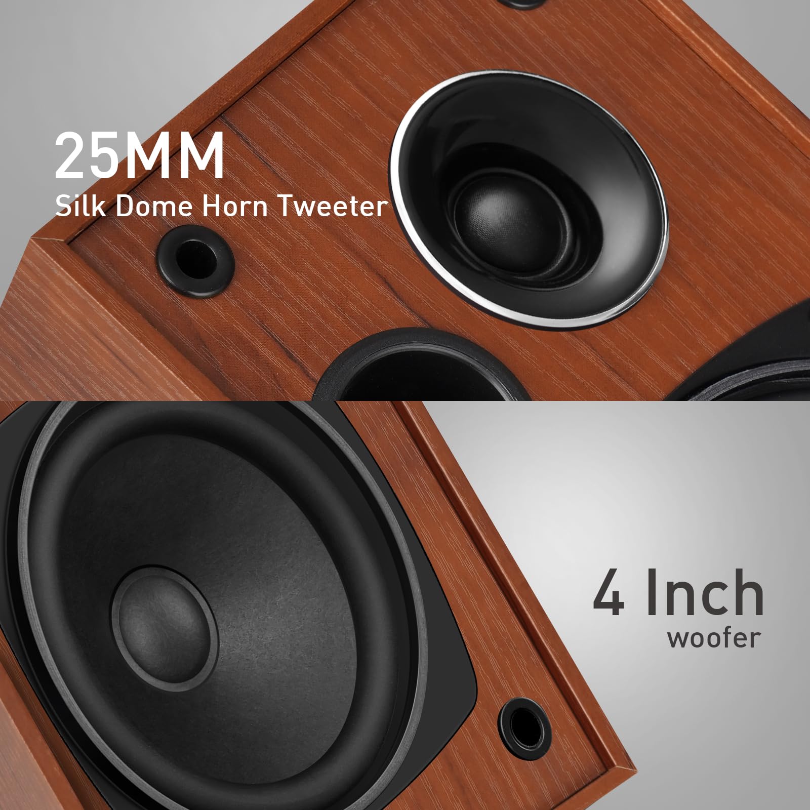 Elimavi Passive Bücherregal-Lautsprecher, 2-Wege-Design mit 10,2 cm Tieftöner und 2,5 cm Seidenhorn-Hochtöner, 60 Hz Bass, ideal für Zuhause, Büro und Theater, Braun (benötigt Verstärker oder