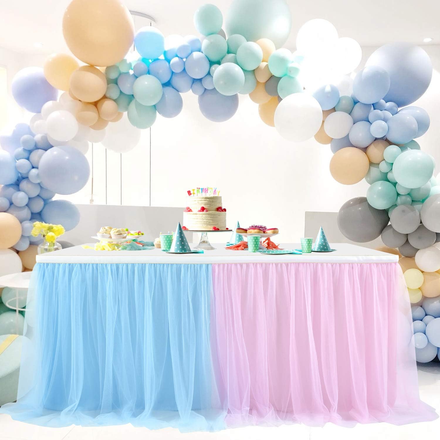Suppromo 6ft Pink and Blue Tulle Table Skirt for Gender Reveal Tutu Table Clothes Cover for Baby Shower Boy or Girl Birthday Party Wedding Cake Gender Reveal Party Decorations Supplies