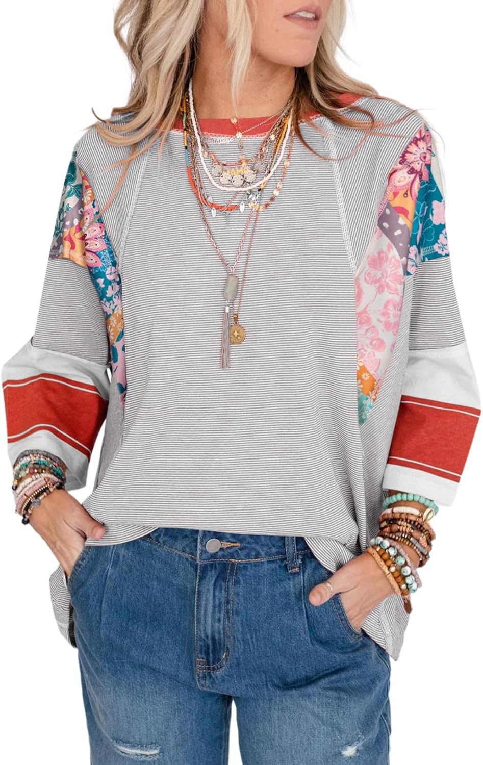 EVALESS Boho Tops for Women Dressy Casual Spring 3/4 Length Sleeve Crewneck Patchwork Striped Oversized Blouses Shirts