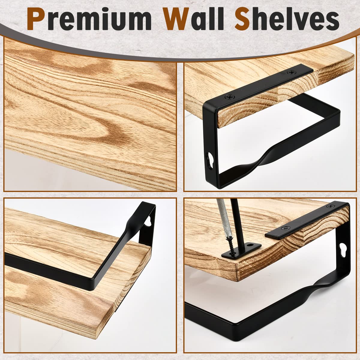 TIMESETL 2 pack Floating Shelves with 6 Hooks, Wood Wall Shelves, Wall Mounted Shelf, Wooden Shelves for Bedroom Bathroom - Image 4