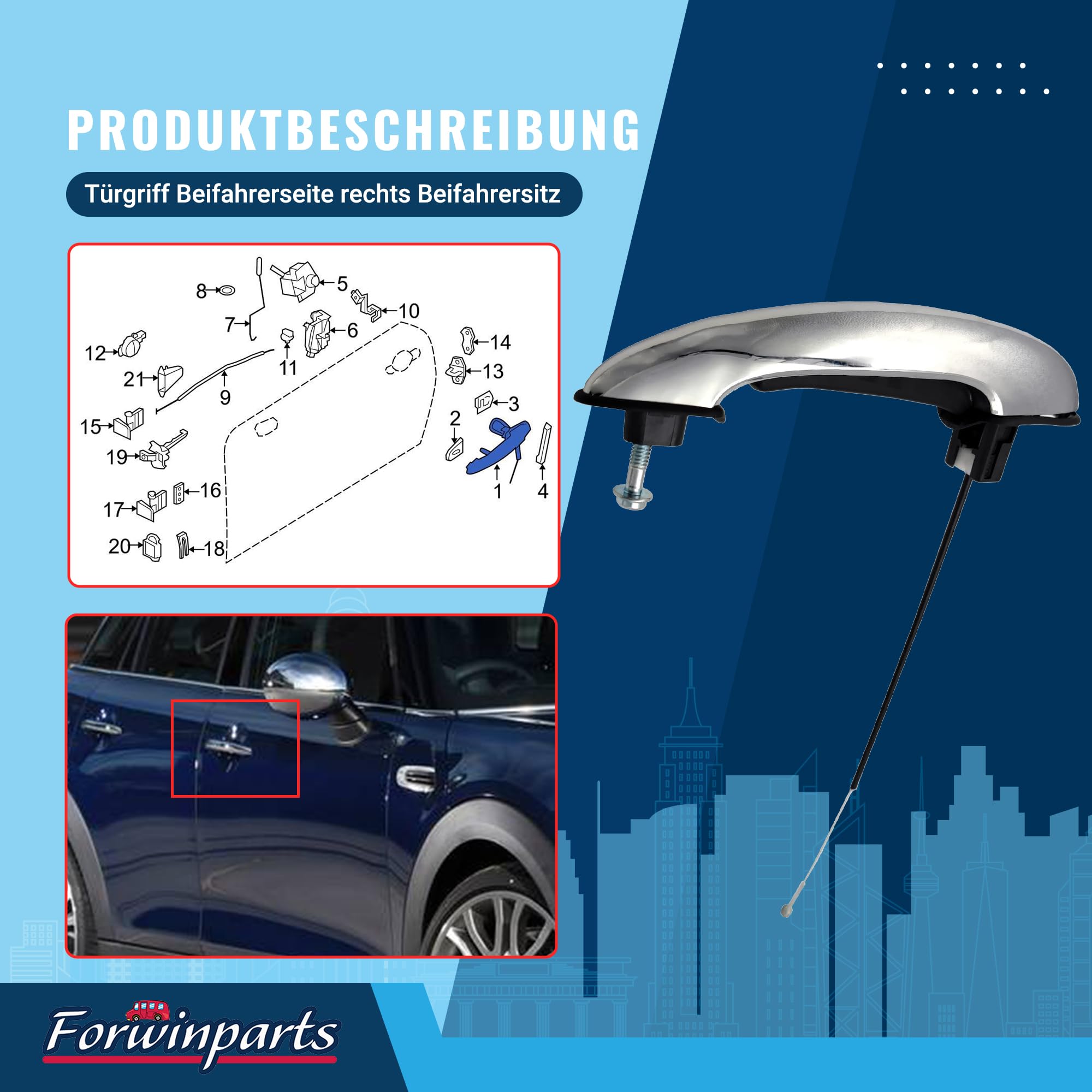 Forwinparts 51217198472 Mini Türgriff Beifahrerseite rechts Beifahrersitz für Mini Cooper R50 R52 R53 R55 R56 R57 R58 R59 2002-2015 51217147504 1.6L L4