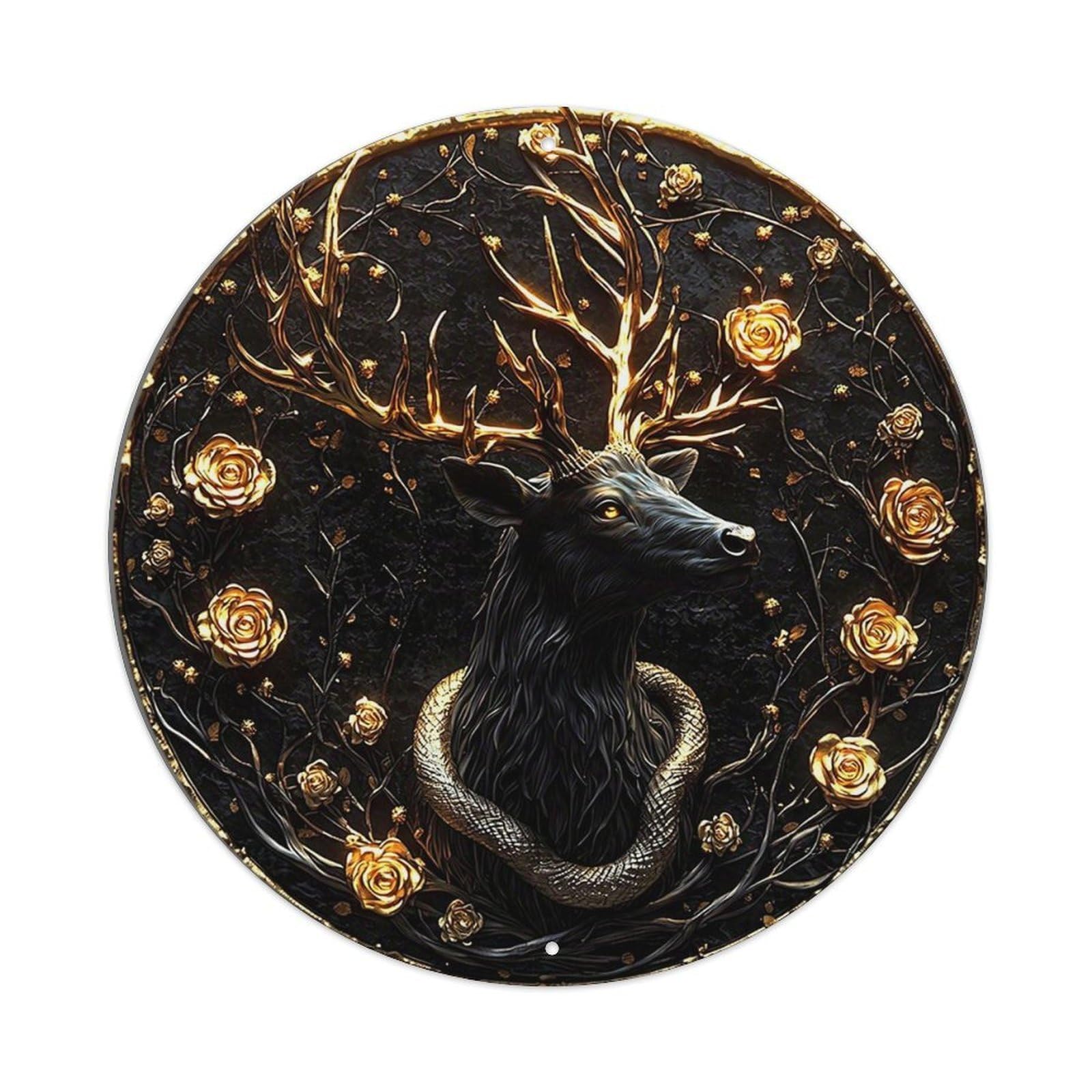 Jdyansheng Vintage Black Deer Gold Rose Pattern Tin Sign Metal Poster Metal Signs For Home Man Cave Bar Cafe Kitchen Laundry Room Wall Decorations 8X8 Inches