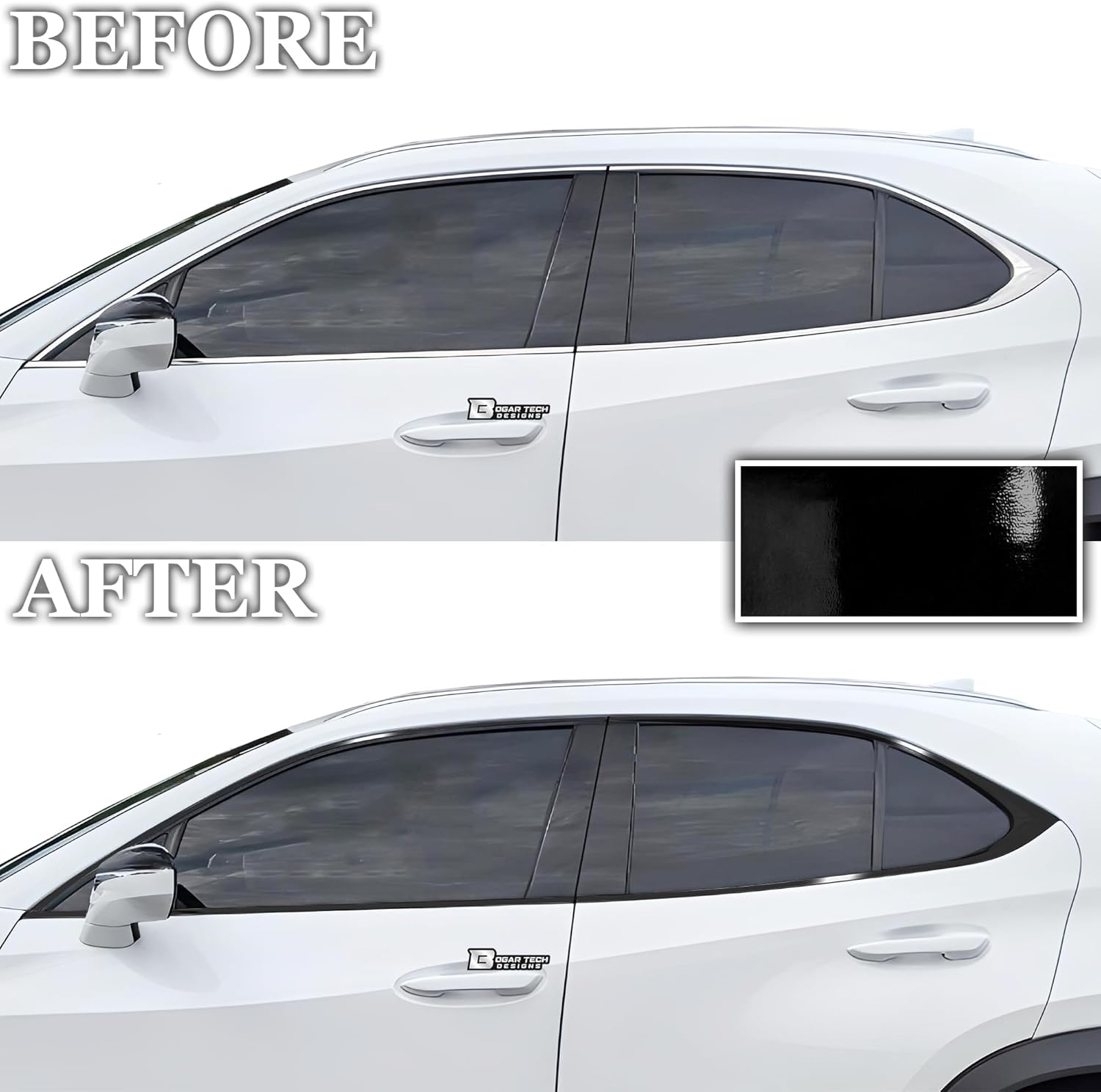 BOGAR TECH DESIGNS for Lexus UX 250h | 300h 2019-2026 Side Window Chrome Delete – Precut Vinyl Trim Overlay, Gloss Black Blackout Appearance