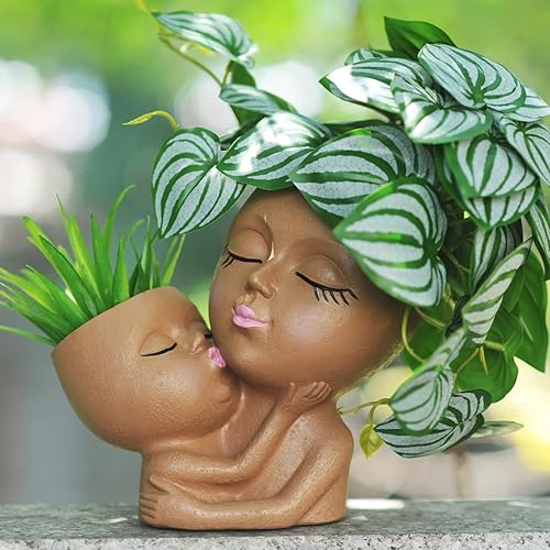 Miniatura 6 de Macetero de cabeza para madre e hijo, bonitas macetas de resina para plantas de interior con orificio de drenaje (blanco)