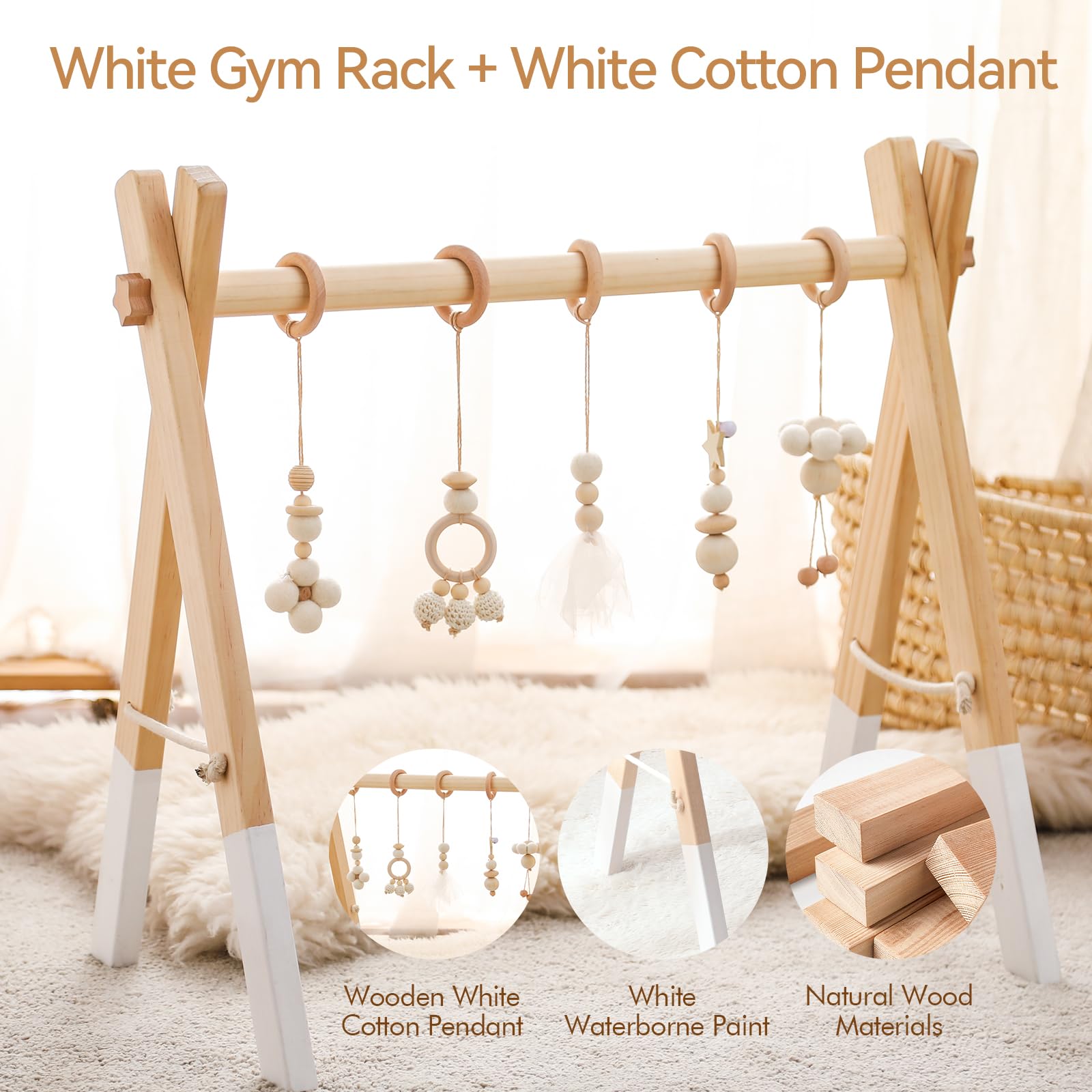 Promise Babe Wooden Baby Play Gym Arch with 5 Detachable Sensory Toys, White Cotton Pendant Design, Newborn Baby Essentials - Image 2