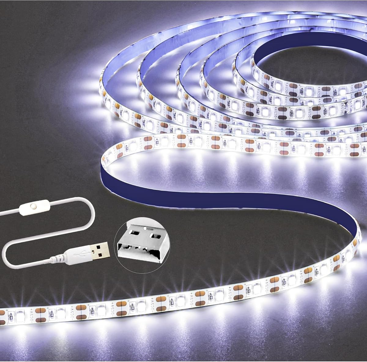 5V USB White LED Strip Lights, 6000K 9.84Ft Cuttable SMD2835 Flexible Rope Waterproof 180 LEDs Dimmable Plug Light Strip with Switch for Bedroom Kitchen Cabinet TV Decoration