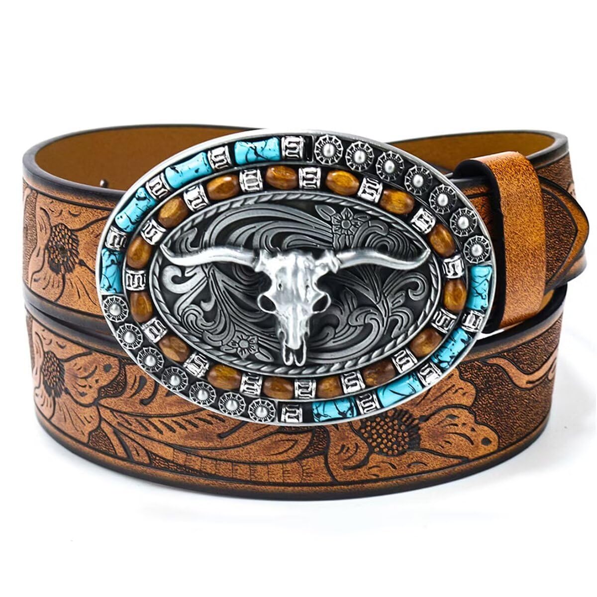 Western Belt for Women Men Cowboys Cowgirls Carving Leather Country Belts Bullhead Buckles