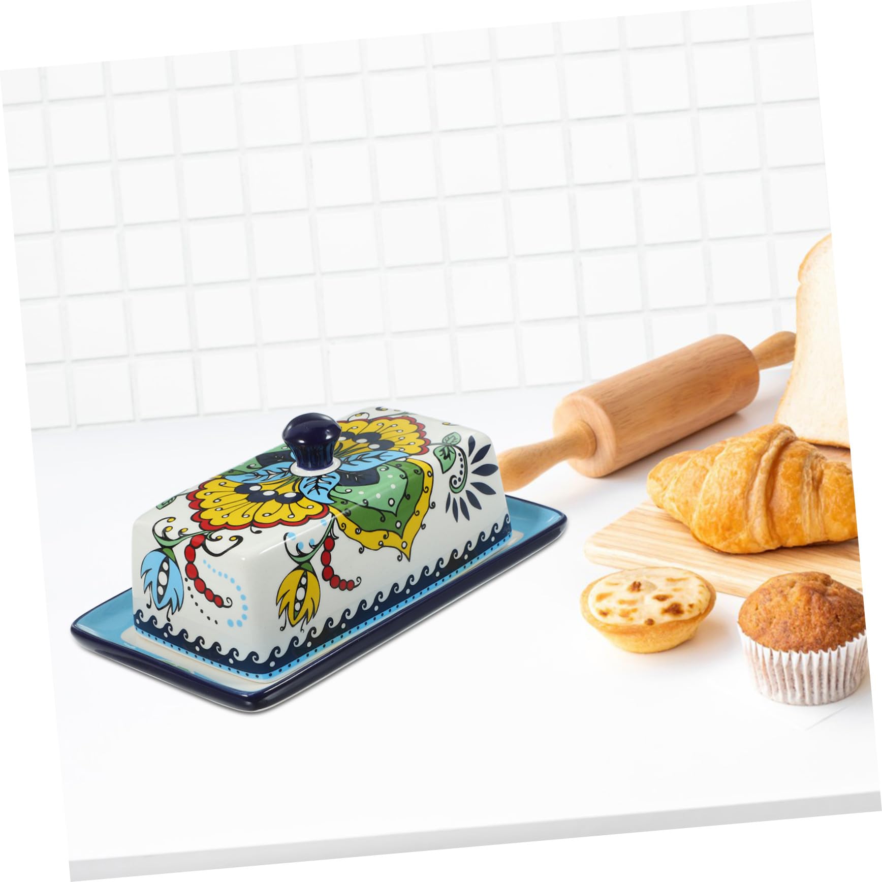 Beurrier Bleu en Céramique Style Européen avec Couvercle pour Table