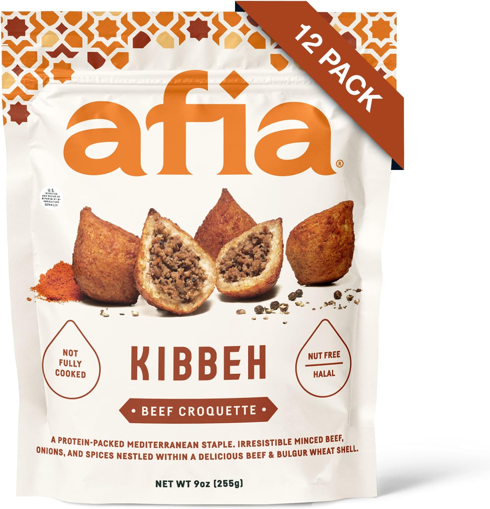 Afia Frozen Kibbeh – Beef Croquette (12 Pack), High Protein, Nut Free & Healthy Snack or Meal, Mediterranean Frozen Food Made with Halal Meat, Great with Hummus, Pita Bread, and Tahini