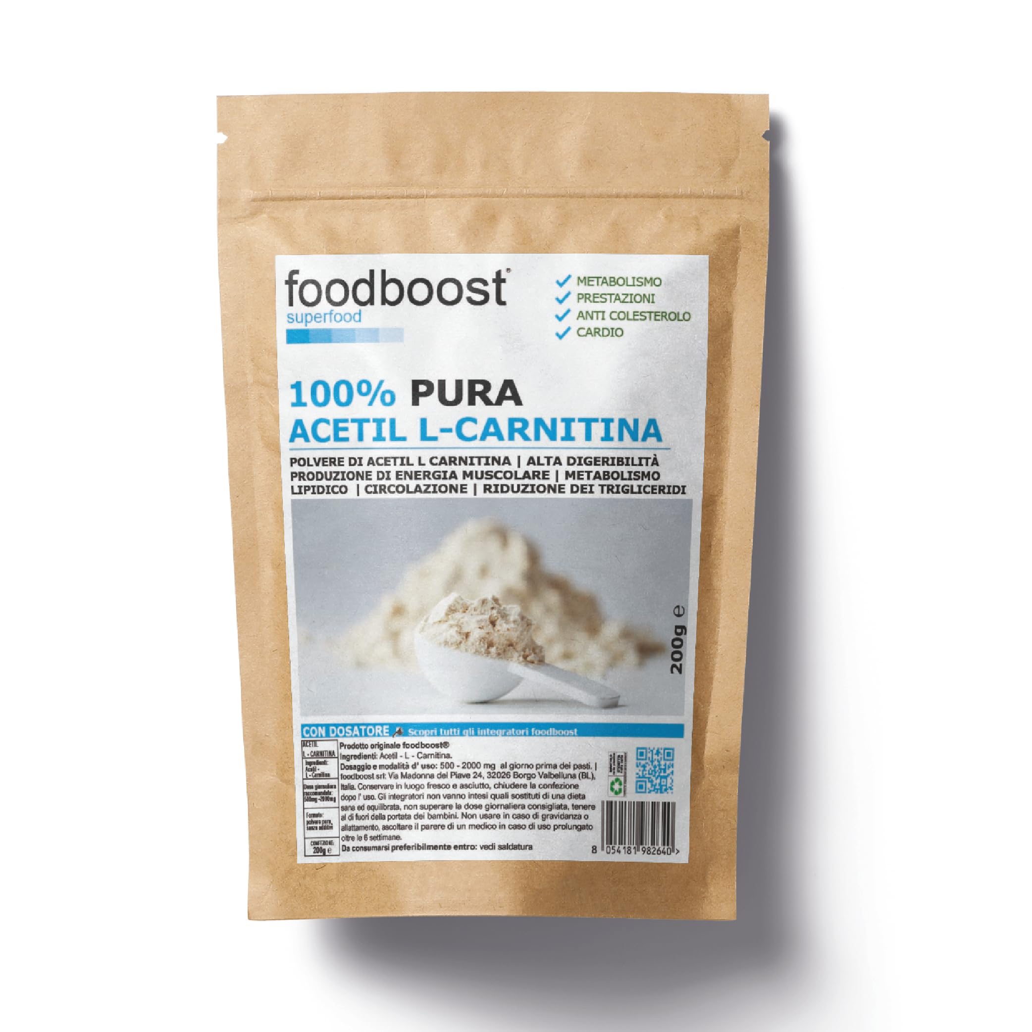 foodboost, Acetil L - Carnitina pura in polvere 200g senza additivi - con dosatore - per dimagrimento, bruciagrassi marchio di fiducia italiano, pre workout - 100 DOSI