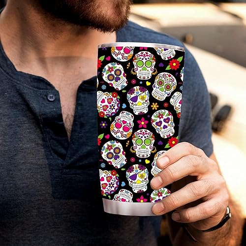 Miniatura 5 de Vasos de calavera de azúcar con tapas y pajillas, 20 onzas, acero inoxidable aislado al vacío, doble pared, vasos de viaje para hombres y mujeres