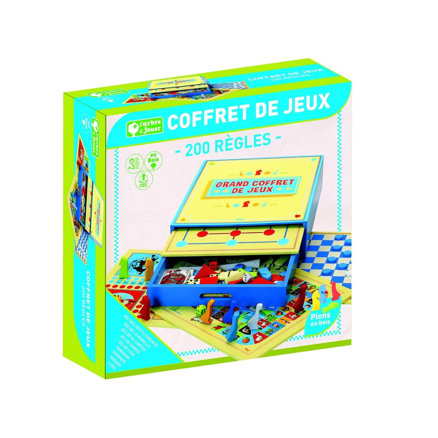 Grand Coffret de Jeux - 200 REGLES : Jeux des Petits Chevaux, oie, Dames, marelle, Mikado, Tangram, Dominos, Jeu de 54 Cartes. - l'arbre à Jouer - Jeu de Société - Âge Minimum : 3 Ans