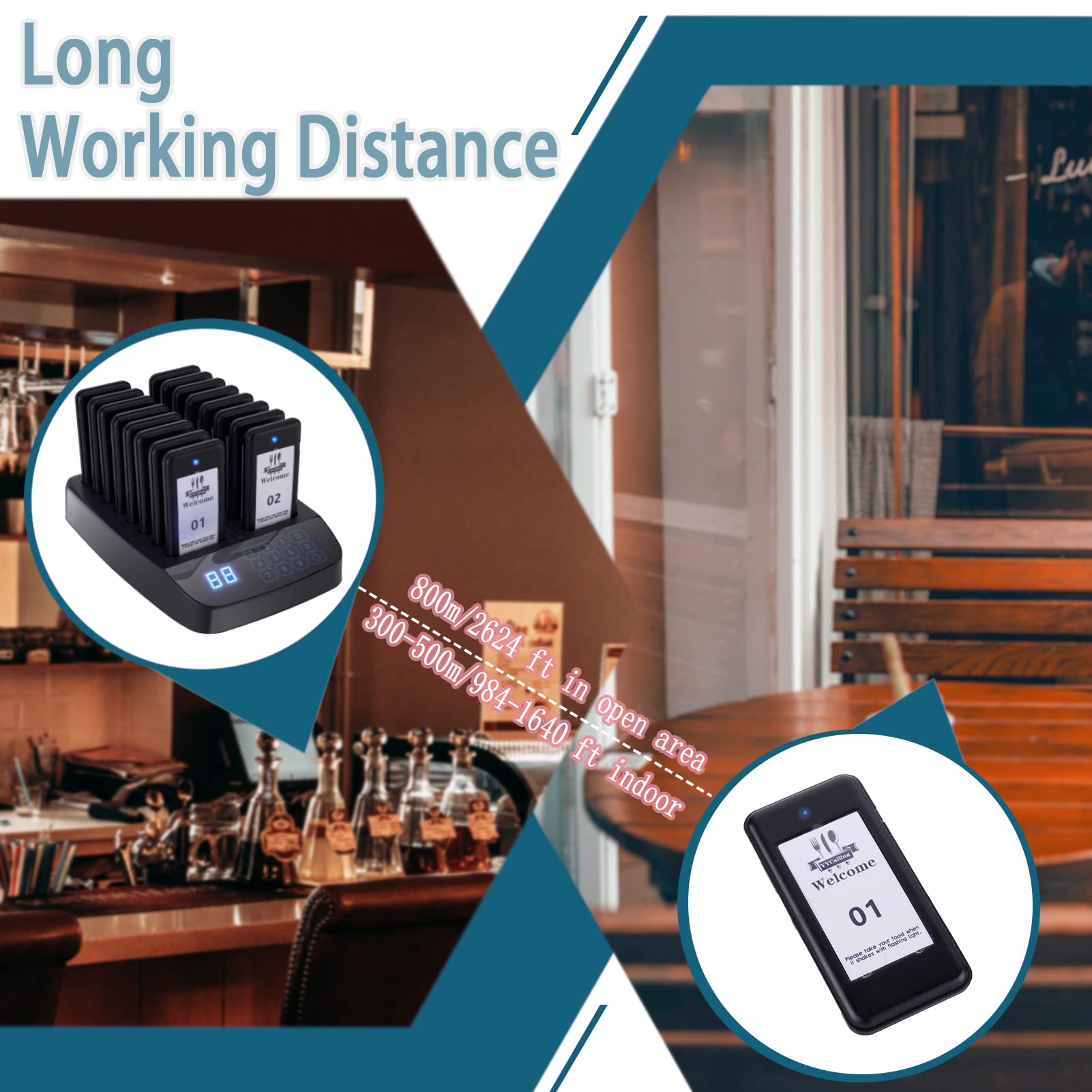Sistema di cercapersone per ristorante, sistema di chiamata wireless con 16 cercapersone per gli ospiti, cicalini distanziamento sociale, 98 canali con vibrazione, lampeggiante e cicalino