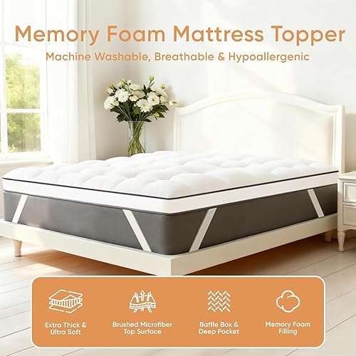 Miniatura 7 de Cubrecolchón de espuma viscoelástica tamaño Queen, espuma triturada extra gruesa de 3 pulgadas, funda de colchón 100% algodón, transpirable y