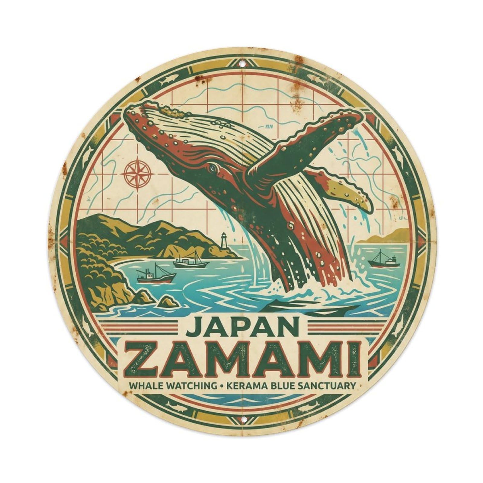 Odgynaw 8X8inch(20X20cm) Japan Zamami Island Escape Seaside Scenery Metal Tin Sign