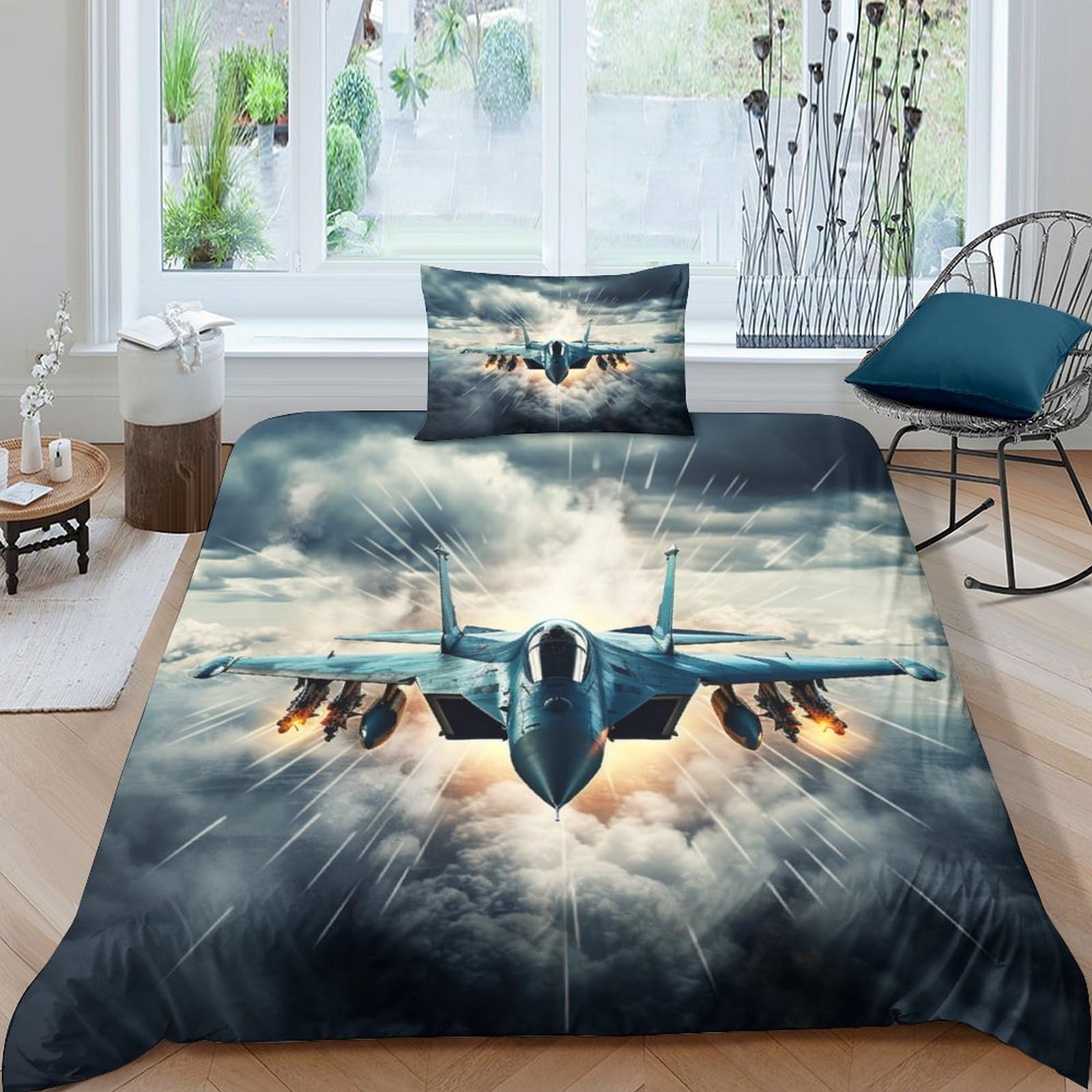 AAHARYA Fighter Jet 3D Duvet Cover Set,Fighter Planes Bedding Set with Zipper Closure, Soft Microfiber Quilt Covers for Home Decor Single（135x200cm）