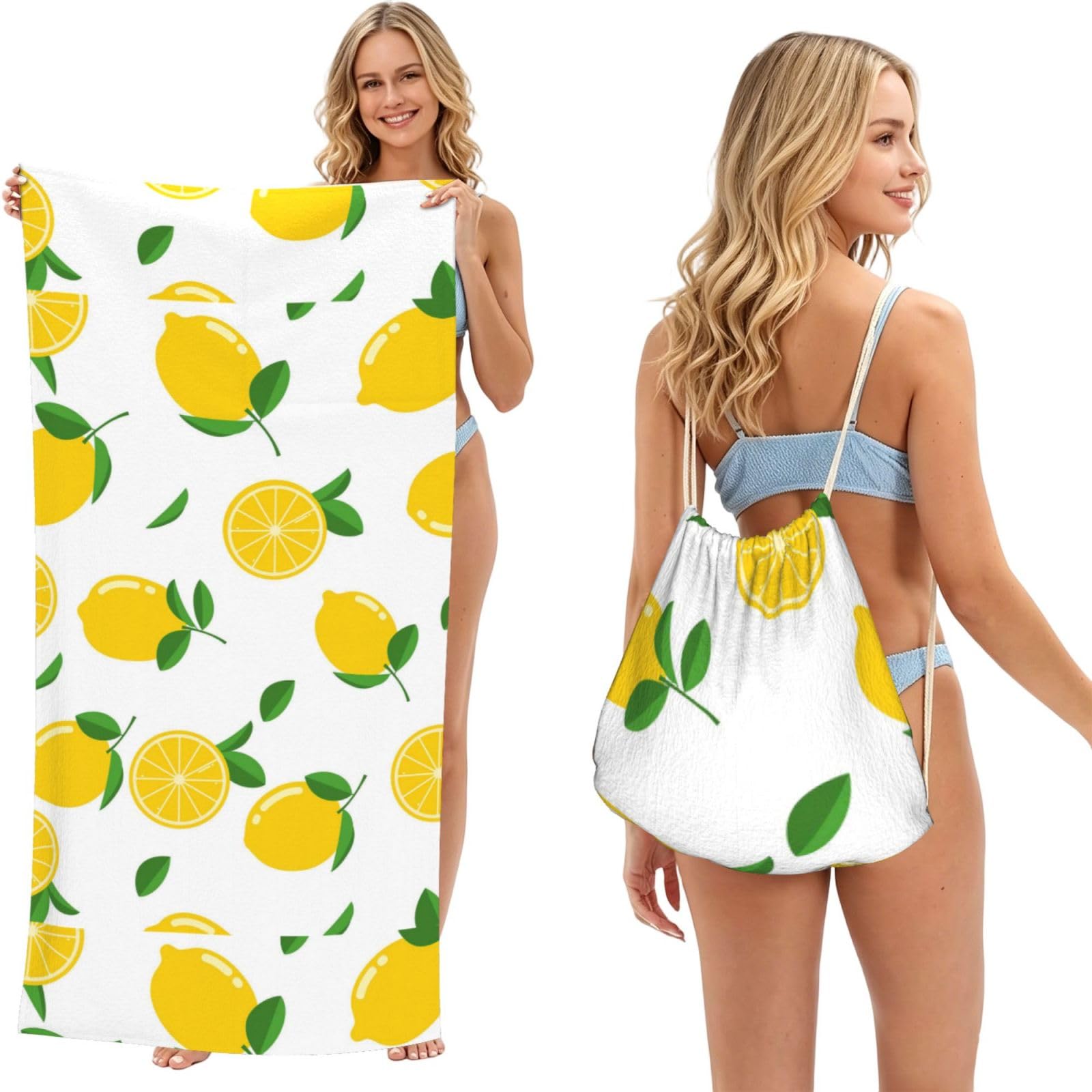 Poadnly As Picture Yellow Lemon, 2 In 1 Packable Towel Bag, Beach Towels With Drawstring Backpack For Travel Holiday Camping