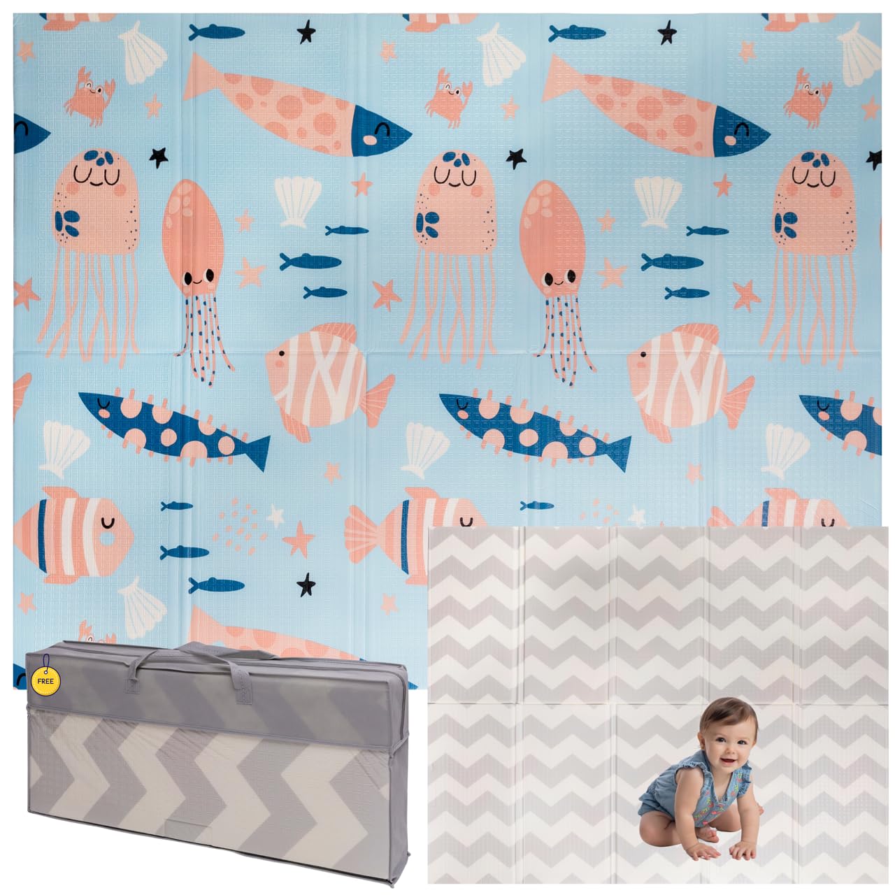 Baby-Spielmatte, faltbar, sensorisch, wasserdicht, ungiftig, wendbar. Vielseitige Matte, perfekt zum sicheren Krabbeln. (Underwater Wonders, 180cm x 200cm x 1cm dick)