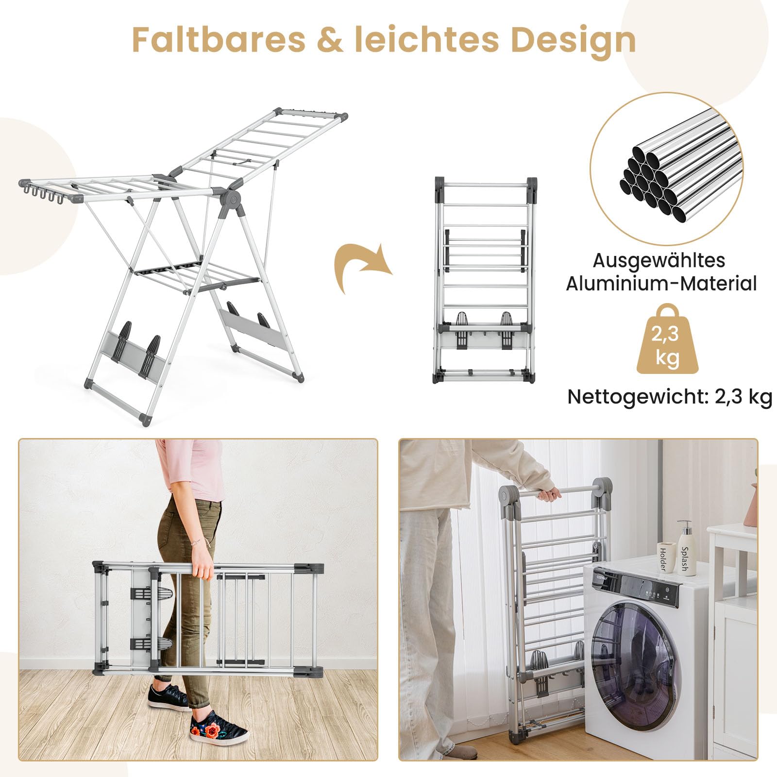 GIANTEX Klappbarer Wäscheständer, 2-lagiger platzsparender Aluminium-Wäscheständer mit verstellbaren Flügeln, 21 Trocknungsschienen, 10 Seitenspangen und 4 Schuhhaltern