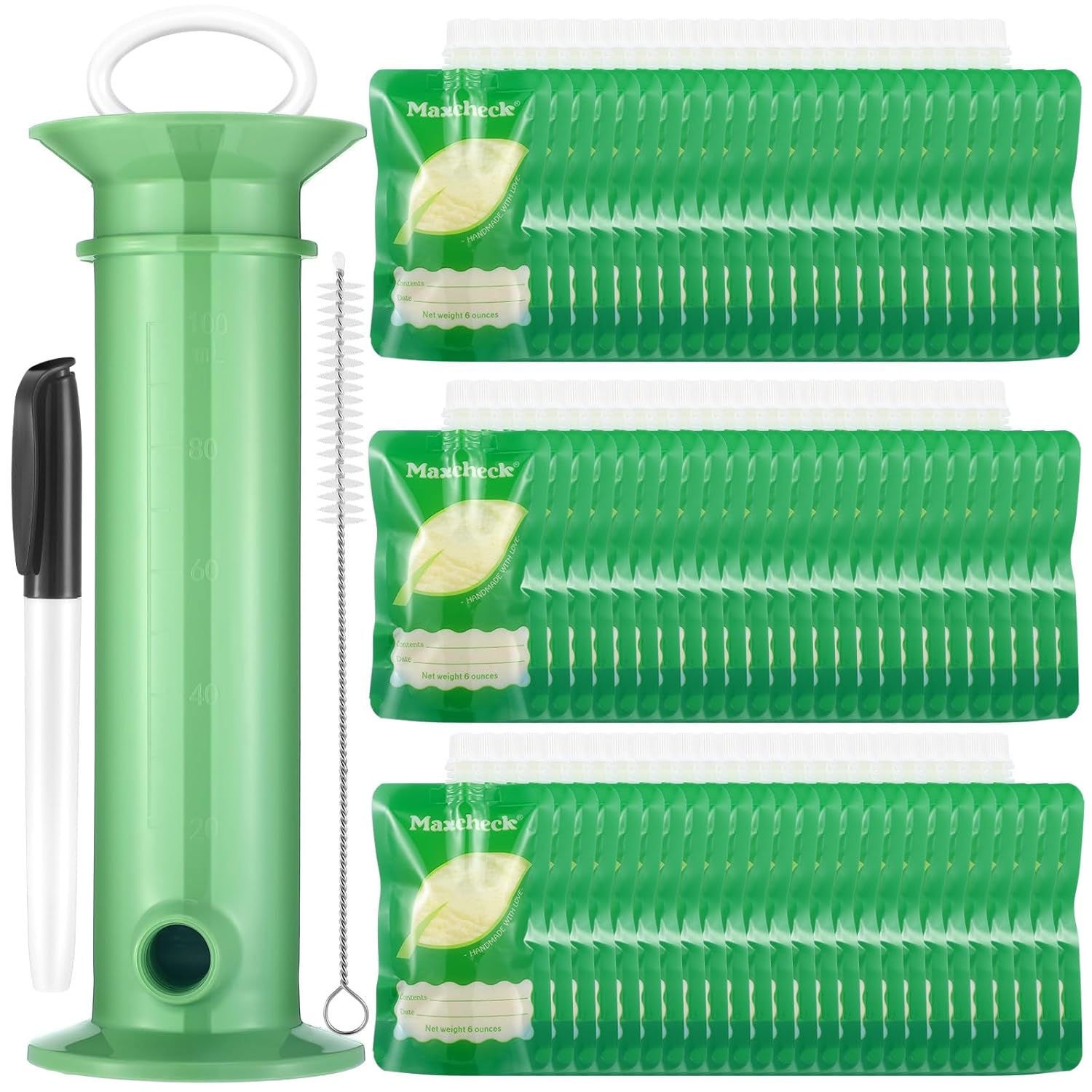 Maxcheck 103 Pcs Refillable Baby Food Pouches Maker Set Include 100 Pcs Portable Fruit Puree Pouch Storage Bags, Baby Food Maker, Pen and Brush for Babies Kids Toddlers - Image 1 of 7