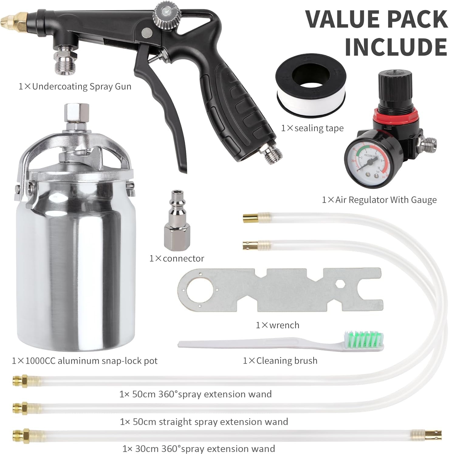 Pistolet d'apprêt pour véhicule, avec Godet en Aluminium de 1000ml, Tuyau de pulvérisation Droit et à 360°, pour sous-Couche caoutchoutée, Protection antirouille pour Voiture
