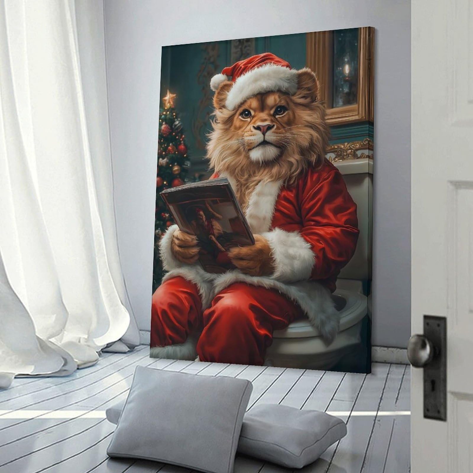 Junmoney Wall Art Print Lion Santa Reading, 20x30inch(50x75cm), for Study, Office Or Focused Interiors, Decorative Artwork for Productive Spaces