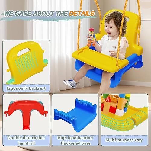 Miniatura 4 de Columpio mejorado para niños pequeños con bandeja, columpio para bebé al aire libre con diseño desmontable, cinturón de seguridad, marco plegable