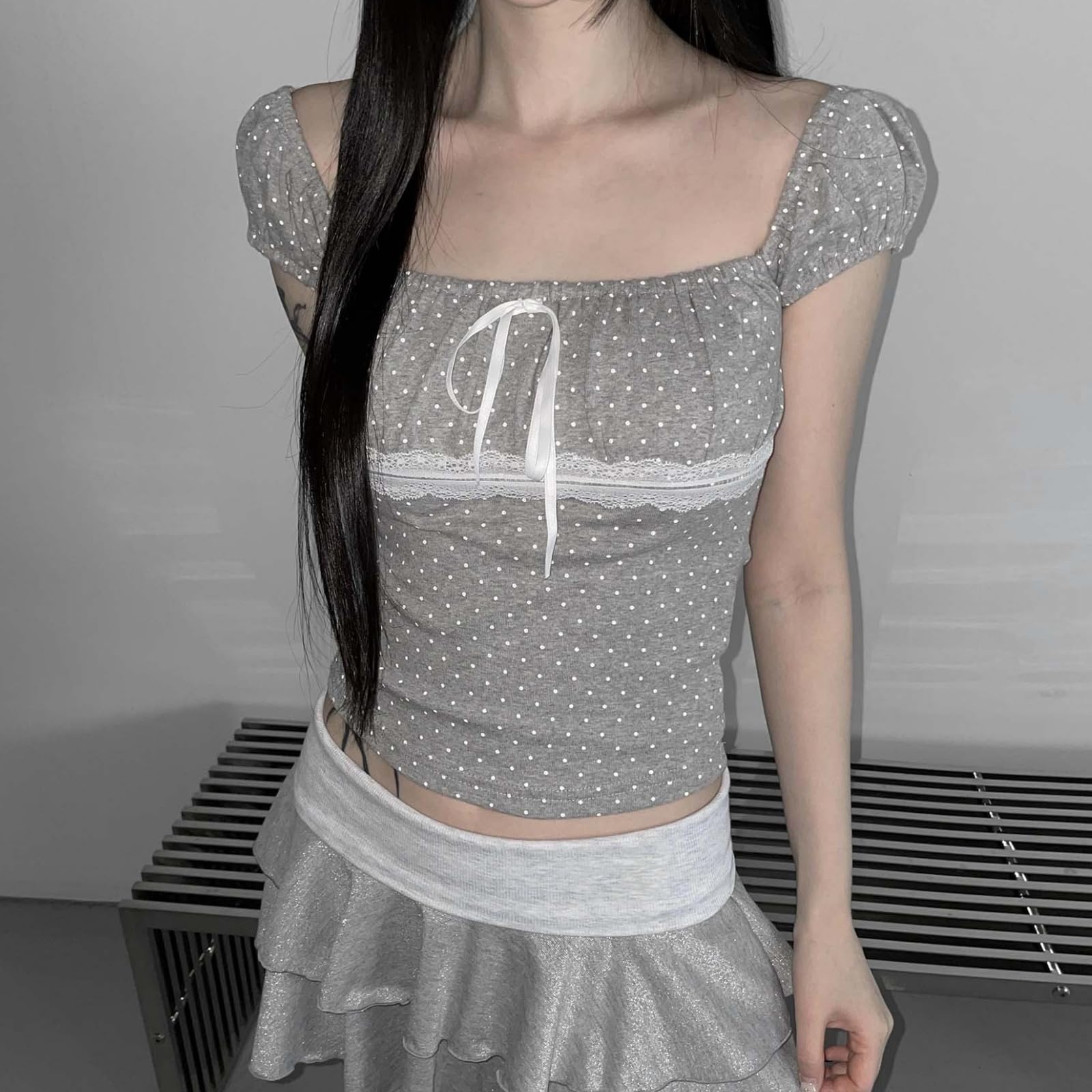 Womens E-Girls Short Sleeve T-Shirt Y2k Lace Trim Crop Tops Crewneck Fairy Grunge Tee Tops Aesthetic Summer Clothes