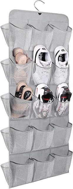 MISSLO 30 Large Pockets Dual Sided Hanging Shoe Rack Storage Organiser for Wardrobe Rail with Rotating Shoe Hanger Toddler, Grey