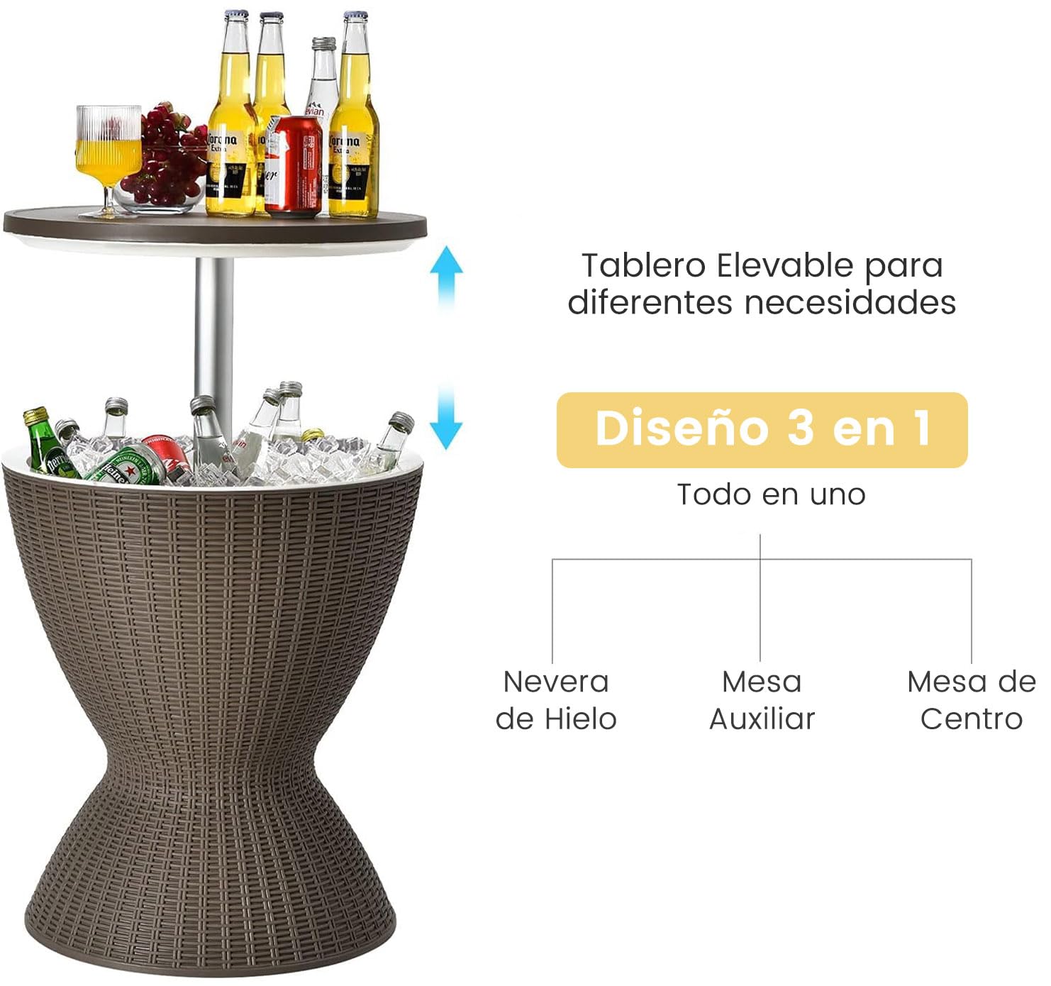 RELAX4LIFE 3 en 1 Mesa Nevera Jardin 30L con Tapa Extraíble Tablero Elevable 57,5/82 cm, Mesa Jardin Exterior de Ratán PP con Orificio de Drenaje, Hielera para Fiestas, Camping, Carga 75KG (Café)