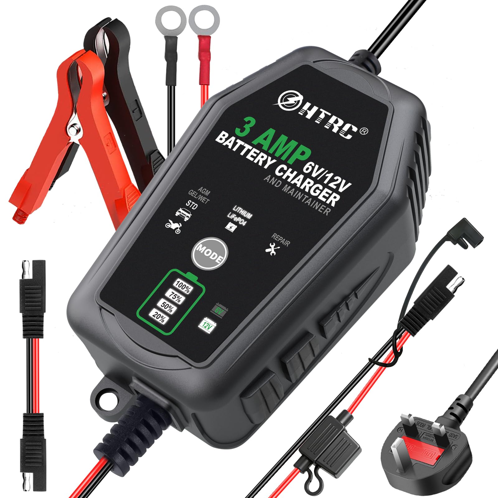 HTRC Cargador de batería inteligente de 3 A de 6 V/12 V, cargador automático de goteo y mantenedor con desulfador, compensación de temperatura, para baterías de coche, motocicleta, plomo-ácido, AGM