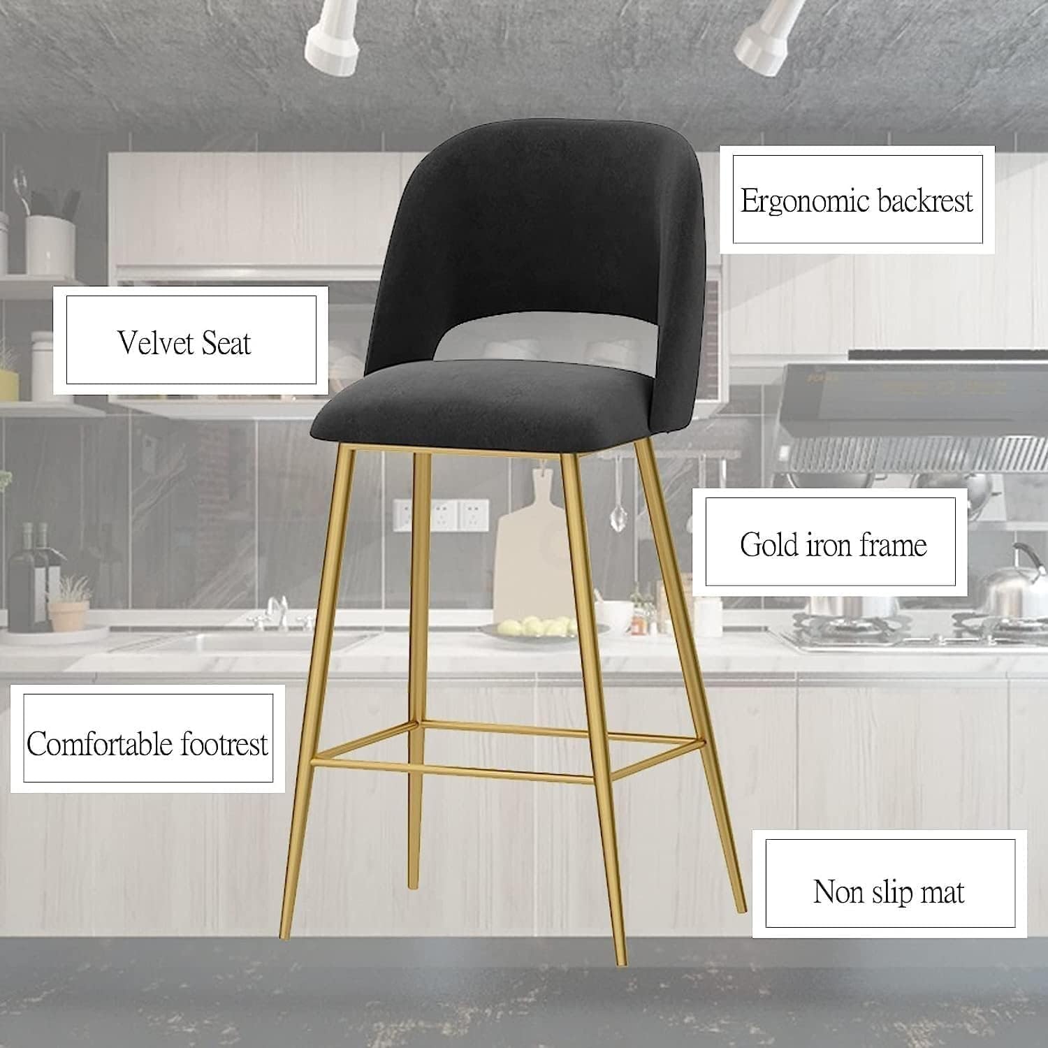 Taburete de Bar Moderno de Terciopelo, 1 Unidad, Altura de mostrador con Respaldo y Patas de Metal Dorado para Cocina.