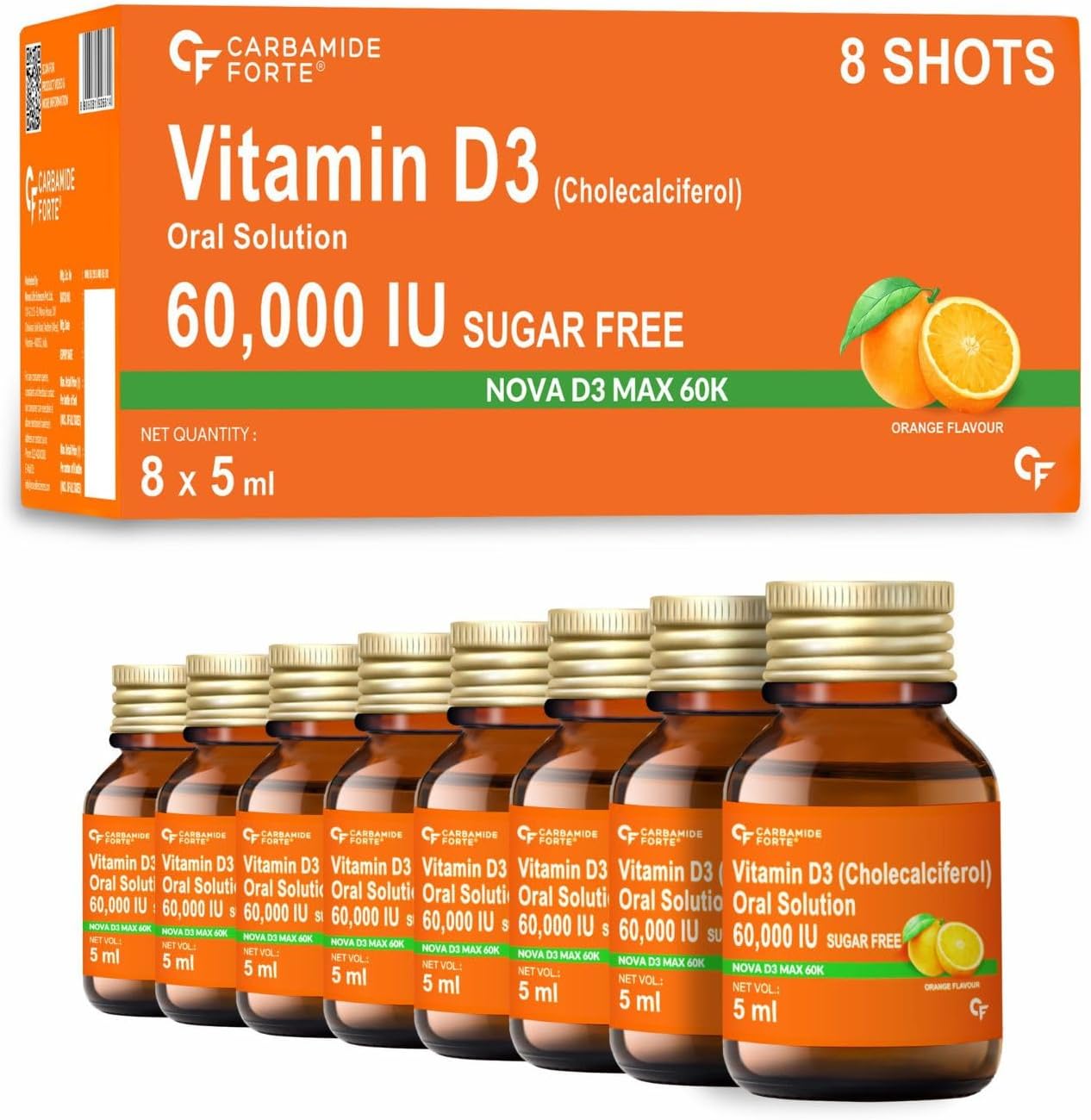 Carbamide Forte Vitamin D3 60000iu Shots | Vitamin D3 60000 iu Sugar Free Oral Solution| Vitamin D 3 60K Supplement for Men & Women – 5ml Orange Flavour (Pack of 8)