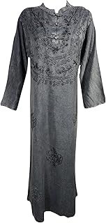 Mogul Interior Womens Tunic Dress Grey Neck Embroidered Stonewashed Tunic Shift Dresses