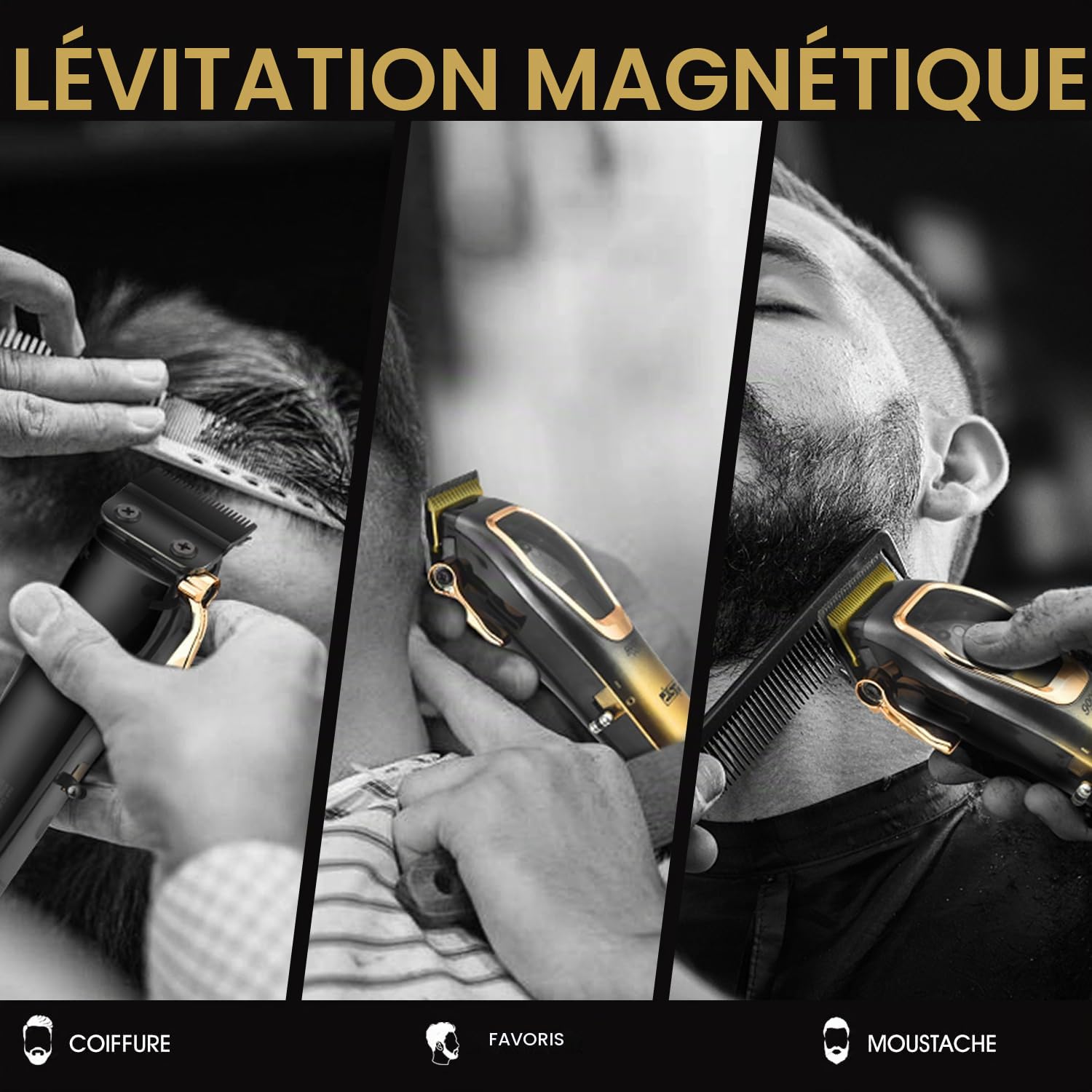 DSP Pro Barber Hair Clippers Set : Tondeuse magnétique sans fil 9000 tours/minute, contrôle de la vitesse constante pour une coupe en douceur. Lames en céramique, batterie 2500mAh (Or)