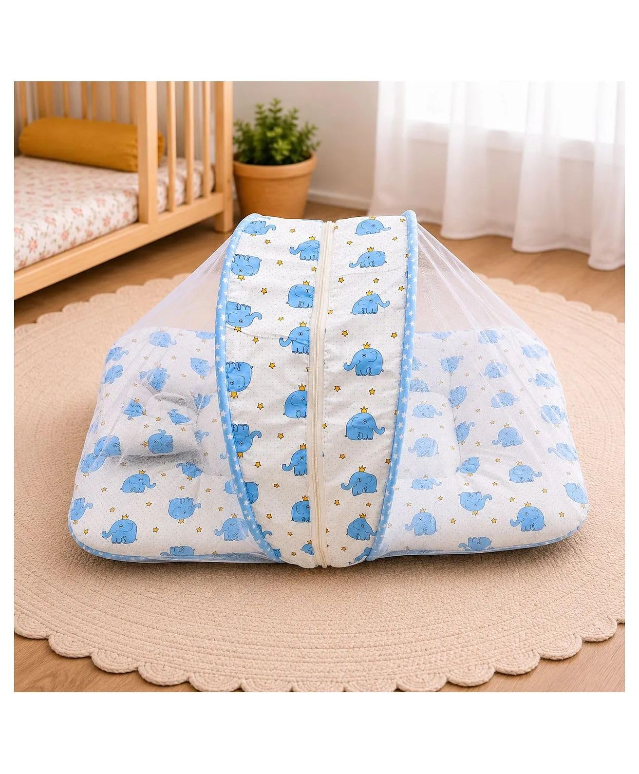 Premium Baby Bedding Set Mattress with Mosquito Net and Pillow -Blue-image-46
