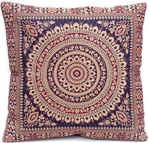 Ruwado Housse de coussin en soie indienne tissée et faite à la main - Motif mandala avec fermeture éclair invisible - 40 x 40 cm - Bleu foncé