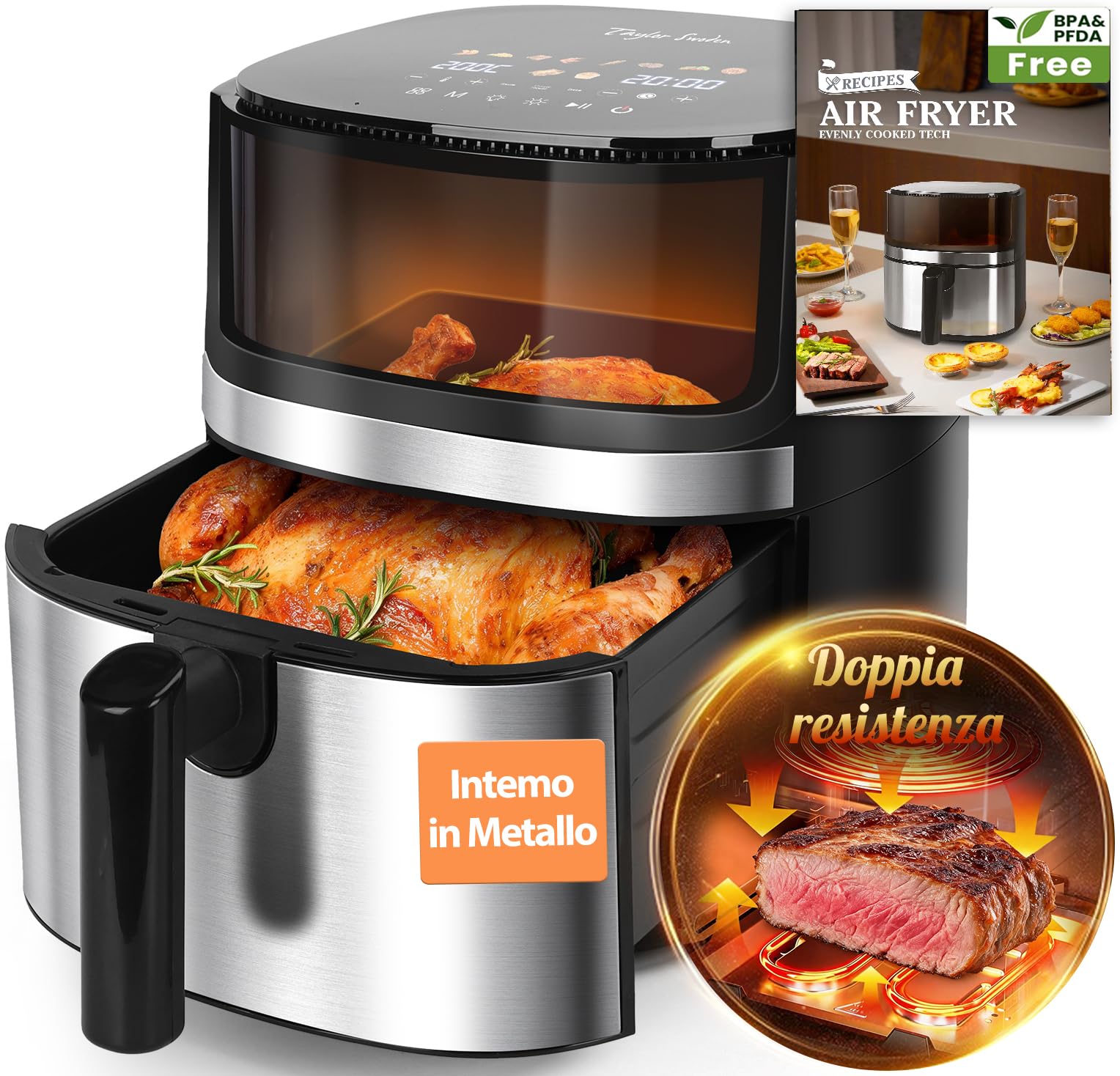 Taylor Swoden Double Resistance Air Fryer 8L 2000W, Air Master | Oil free air fryer with metallic interior and viewing window. 10 programs and LED touch screen, Air Master