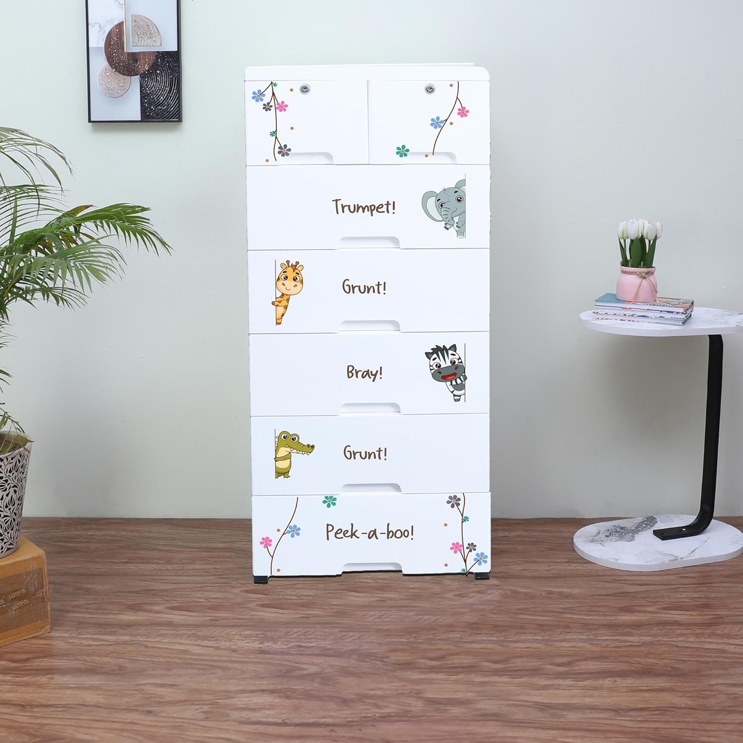 The Tickle Toe Plastic Chest of Drawers for Kids | 7-Tier Storage Organizer for Clothes, Toys & Essentials | 51L x 33W x 121H cm | Animal Print Dresser Cabinet | Glossy Finish (White)-image-5