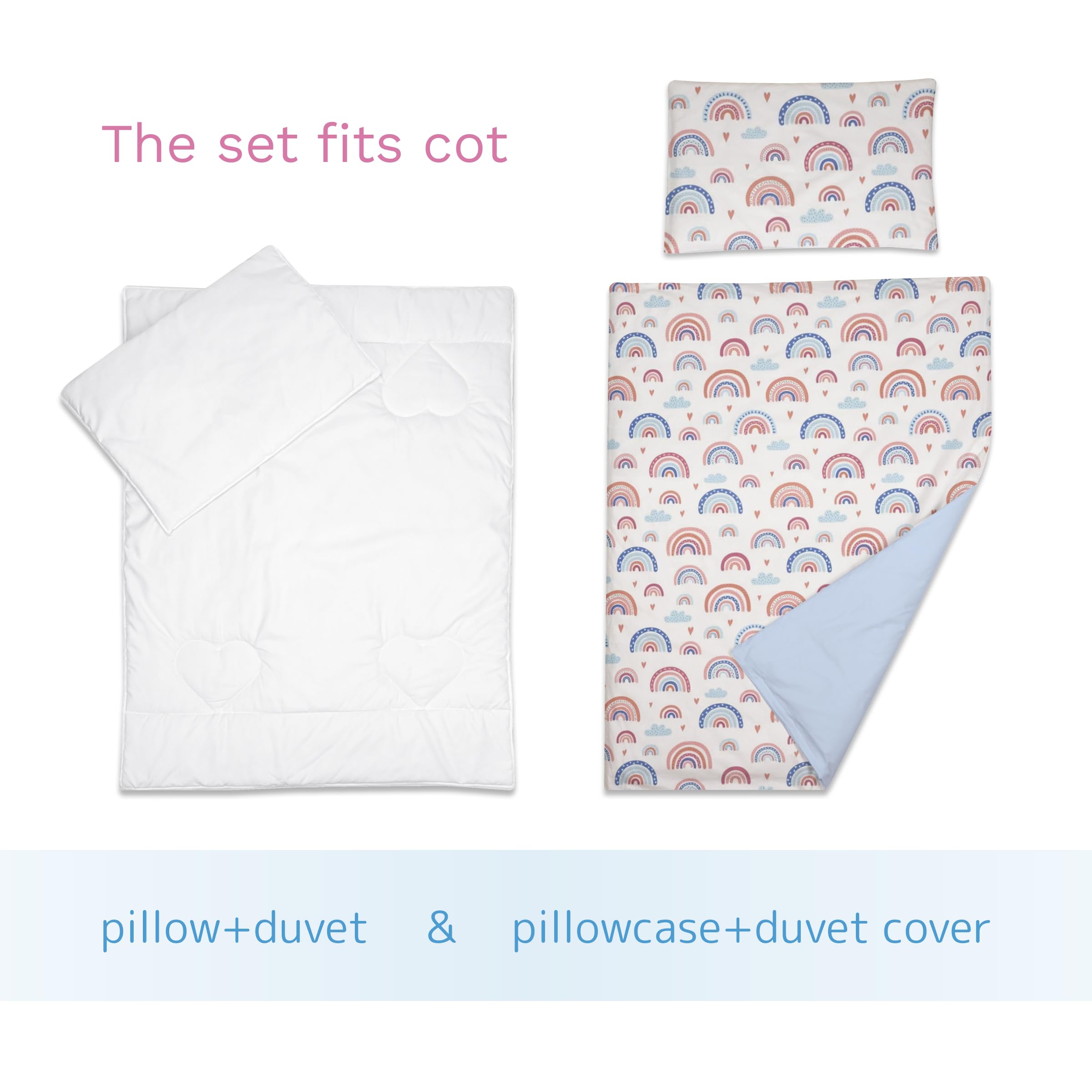 Baby Comfort Juego de cama de 4 piezas para cuna infantil de 120 x 90 cm, funda de edredón y almohada (arcoíris)